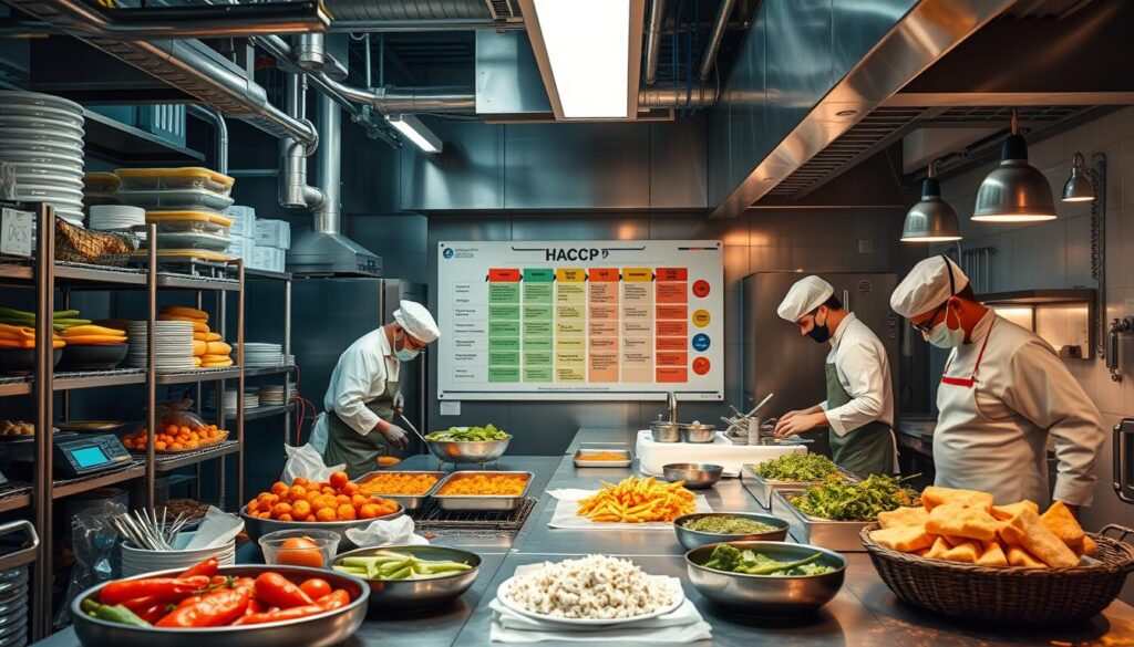 défis HACCP:
Un environnement de cuisine industrielle complexe avec divers défis en matière de sécurité alimentaire, mettant l'accent sur des éléments tels que le contrôle de la température, la contamination croisée et les processus de surveillance. Visualisez divers produits alimentaires à différentes étapes de préparation, en présentant les dangers potentiels tels que des ingrédients mal stockés, un thermomètre numérique vérifiant les températures et des travailleurs utilisant des équipements de sécurité. Capturez la tension et concentrez-vous sur un grand organigramme HACCP affiché au mur, avec des couleurs vives mettant en évidence les points de contrôle critiques.
