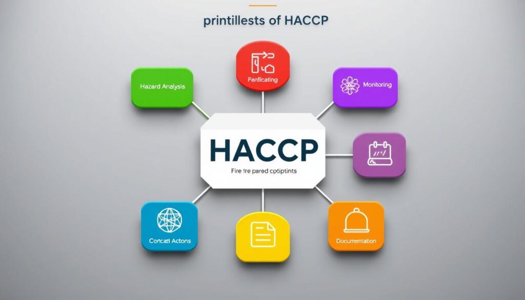 règles HACCP:
Un diagramme visuellement attrayant illustrant les sept principes HACCP, avec des icônes colorées représentant chaque principe tel que l'analyse des dangers, les points de contrôle critiques, les processus de surveillance, les actions correctives, la vérification et la documentation, disposés dans une présentation claire et informative avec un design épuré et moderne. .