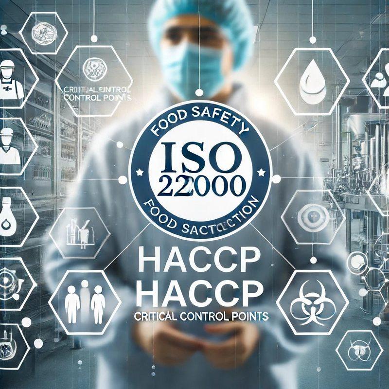 Une image où l'on peut voir les mots ISO 22000 et HACCP affichés de manière proéminente. L'arrière-plan présente des éléments liés à la sécurité alimentaire, tels qu'une installation de traitement alimentaire propre, des travailleurs en vêtements de protection et des icônes représentant des points critiques de contrôle et des pratiques d'hygiène.