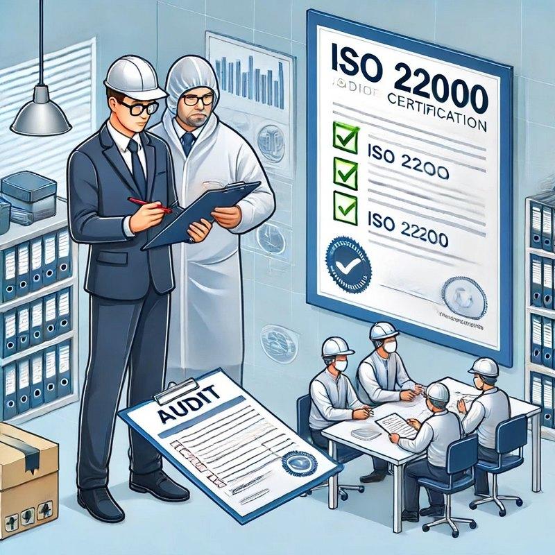 illustration montrant le processus d'audit pour la certification ISO 22000. L'image inclut un auditeur examinant des documents et des dossiers avec une liste de contrôle en main. Un certificat marqué ISO 22000 est affiché en évidence sur le mur. En arrière-plan, un environnement de bureau propre et organisé avec des travailleurs en équipement de sécurité alimentaire discutant des procédures.